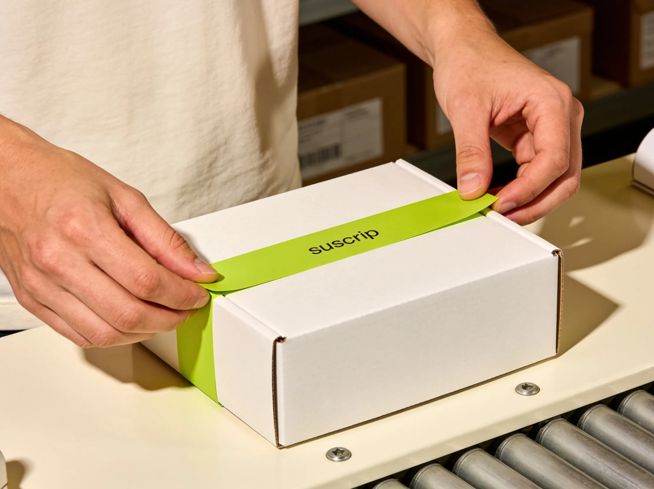Team member assembling and quality-checking subscription boxes at a packing station