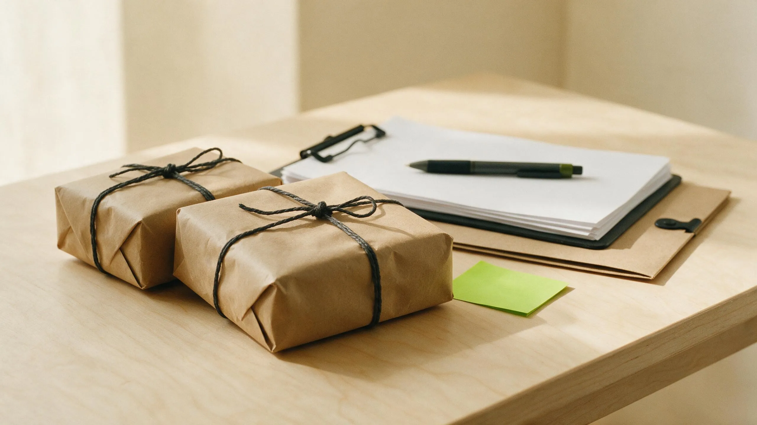 Two kraft-wrapped parcels beside a clipboard of blank documents and a pen