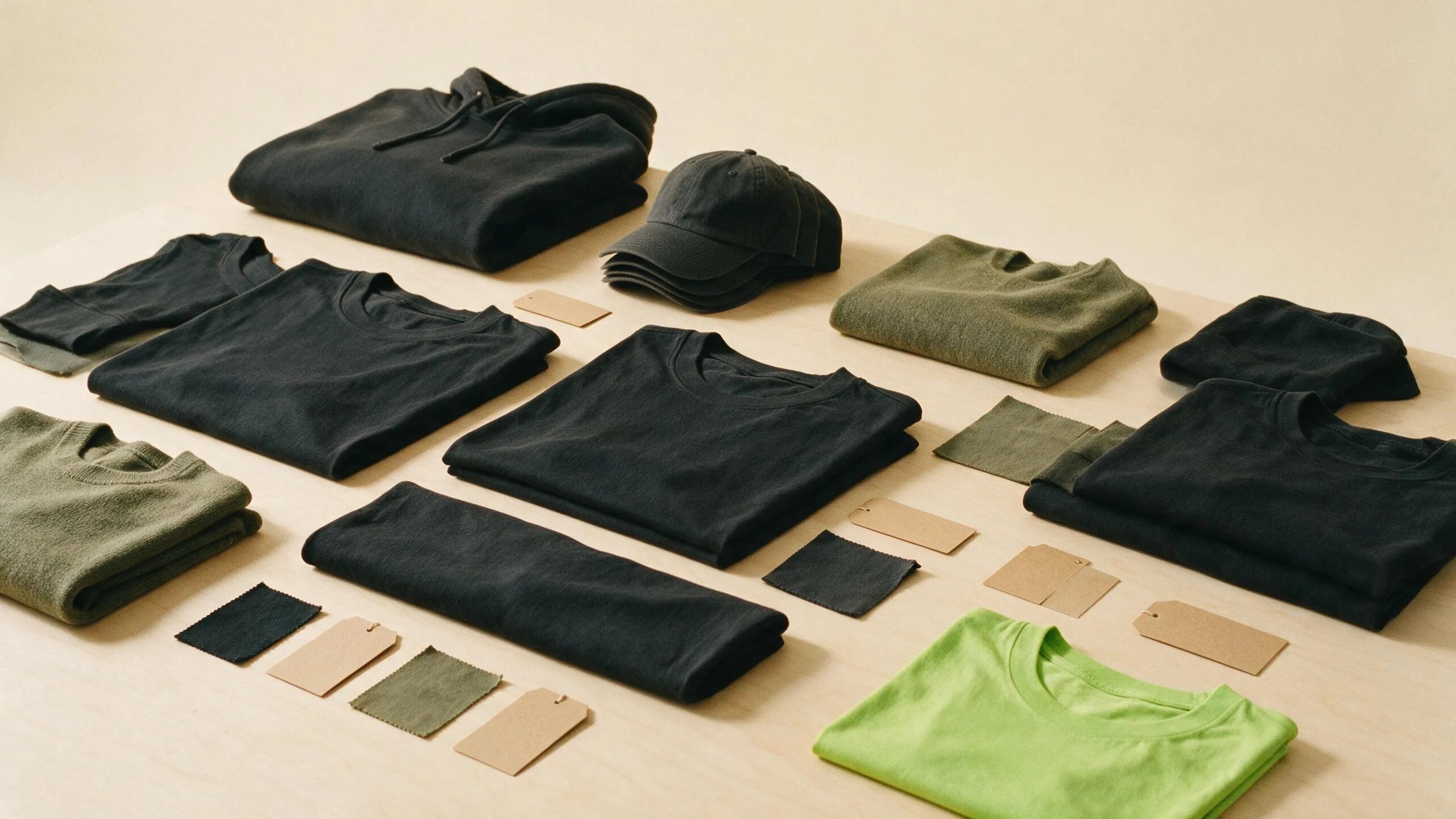 Flat-lay of folded black and olive apparel, a cap, blank hang tags and fabric swatches with a lime-green tee