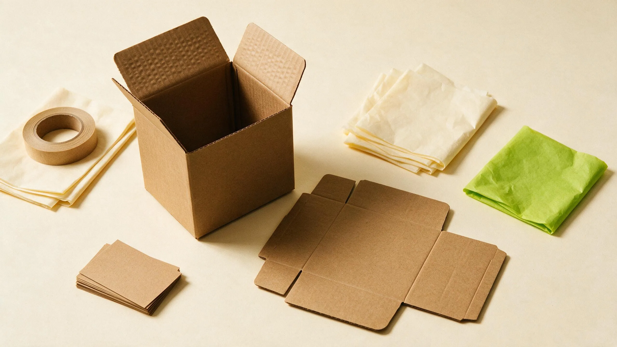 An open kraft mailer box with a flat box blank, paper tape, tissue and blank insert cards