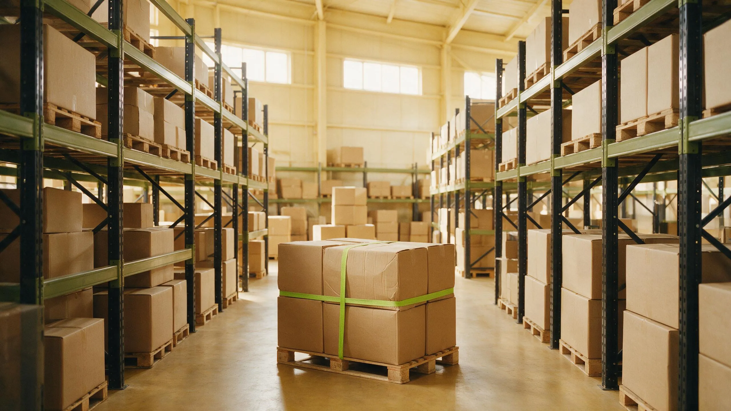 A warehouse aisle of pallet racking filled with plain cartons, with a strapped pallet ready for dispatch