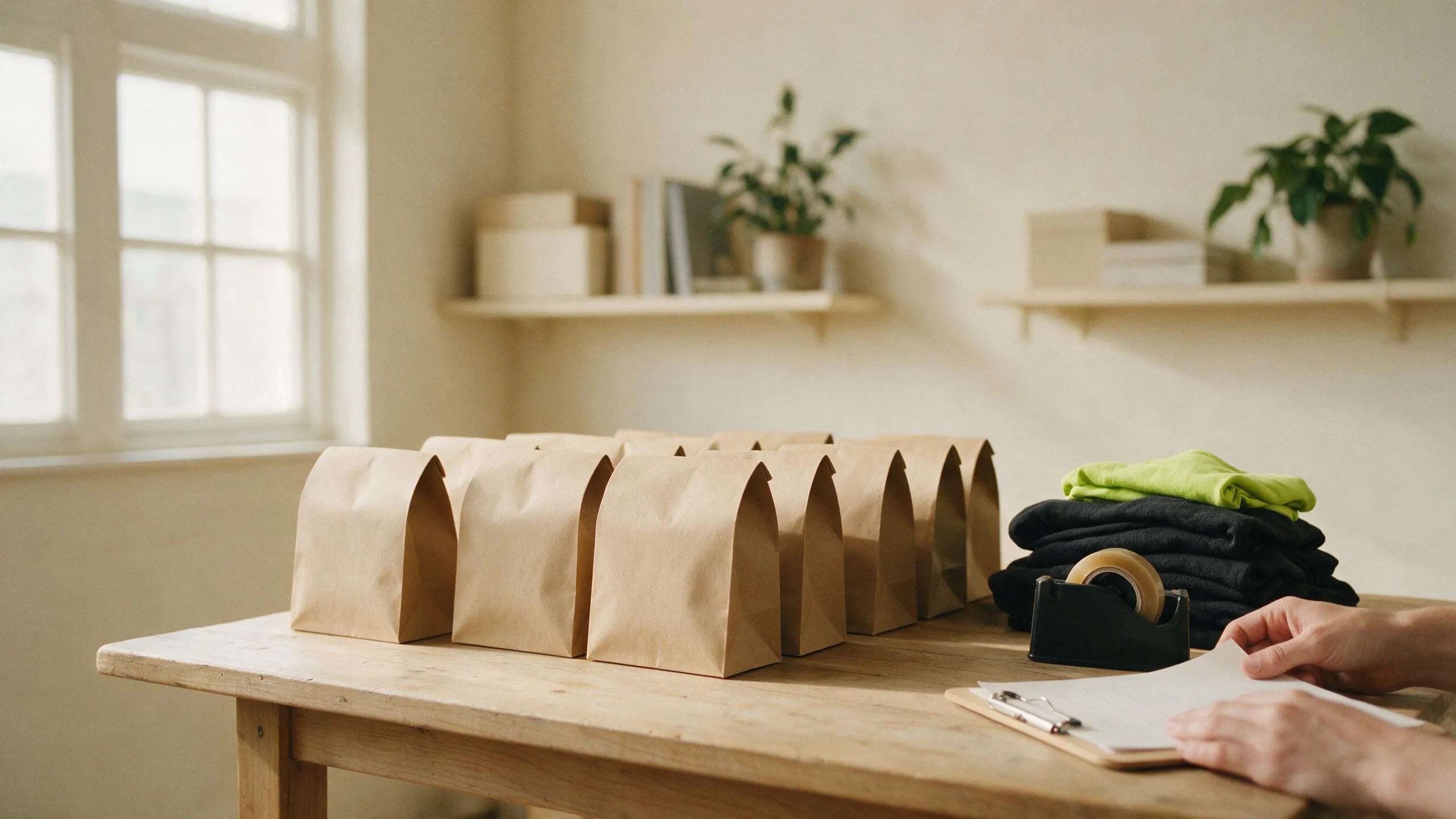 Kraft mailer bags lined up on a packing bench beside folded garments, while hands check a clipboard