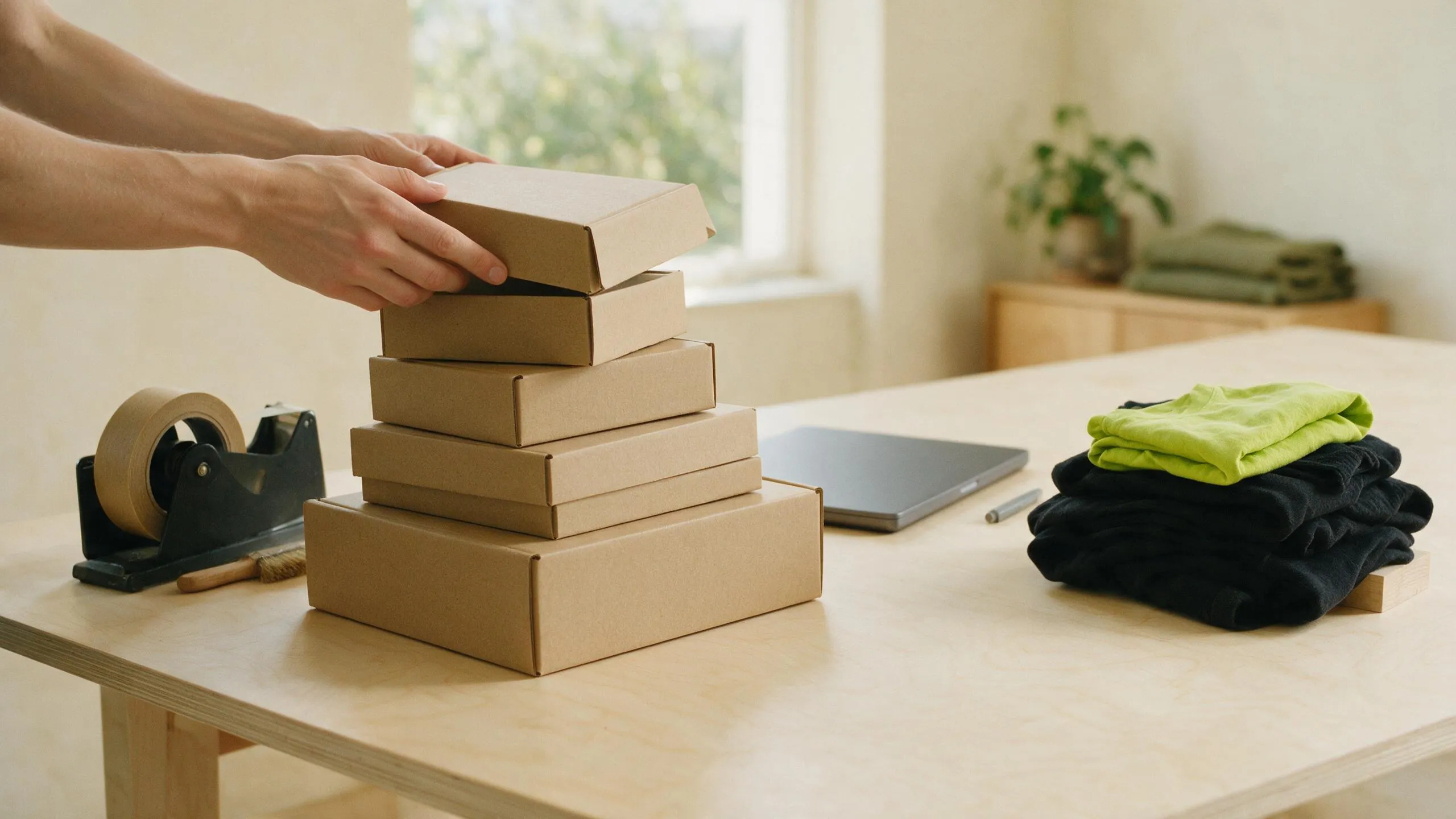 A hand stacking kraft mailer boxes on a small studio table beside a laptop and folded garments