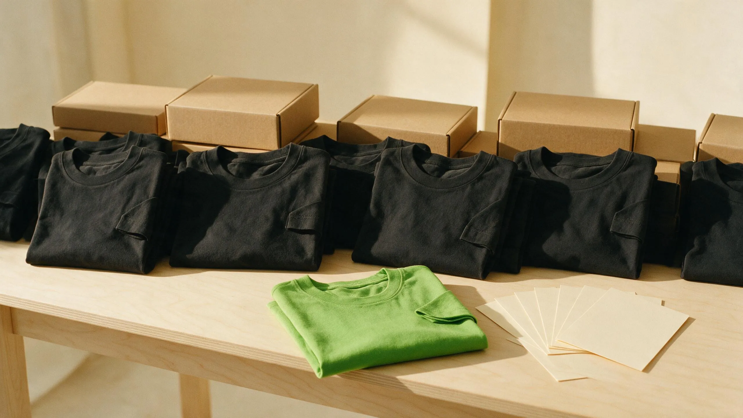 A row of identical folded black tees staged with kraft boxes and blank insert cards before a drop