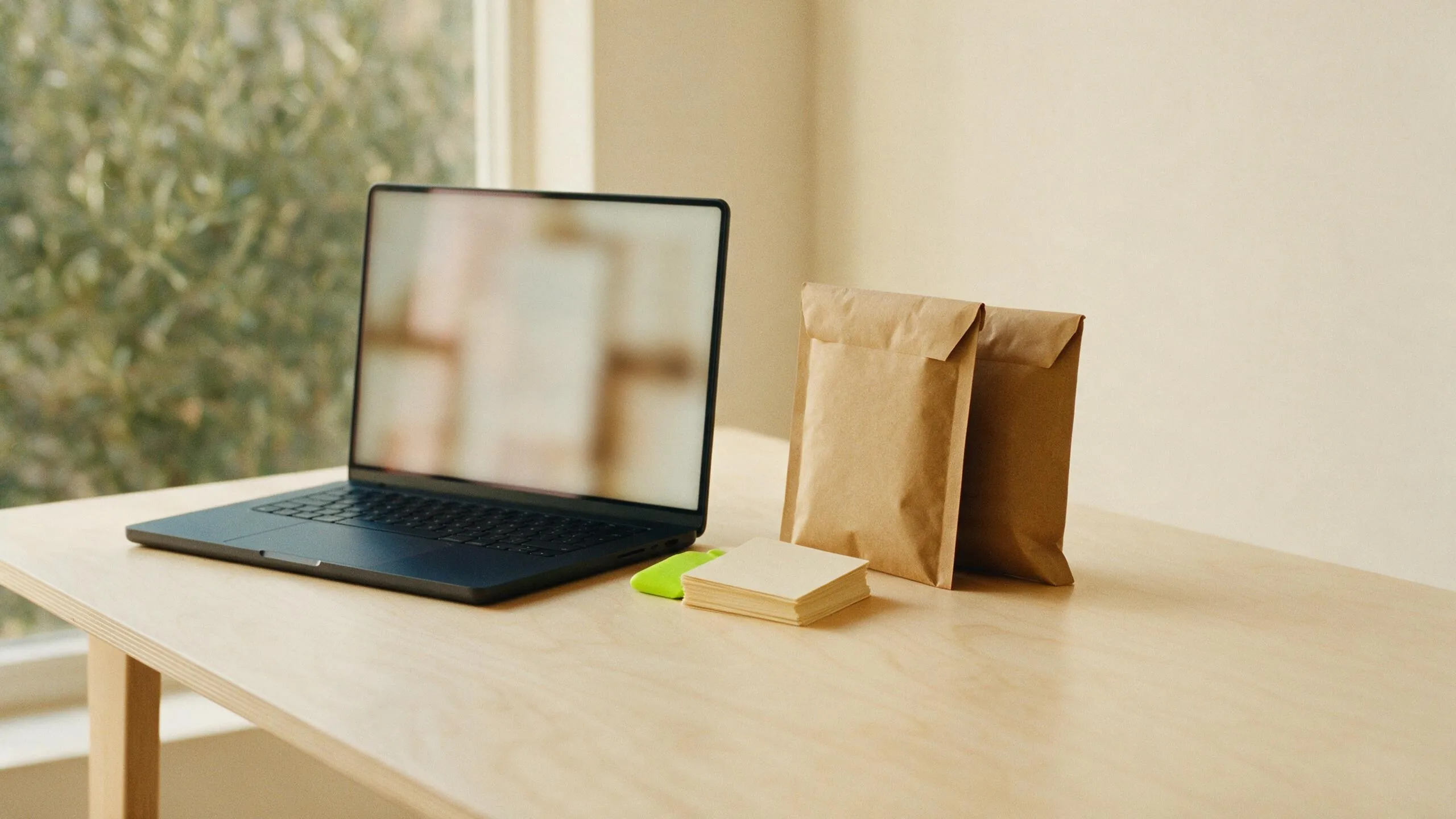 A laptop on a studio desk beside kraft mailer bags, representing a webshop connected to fulfilment