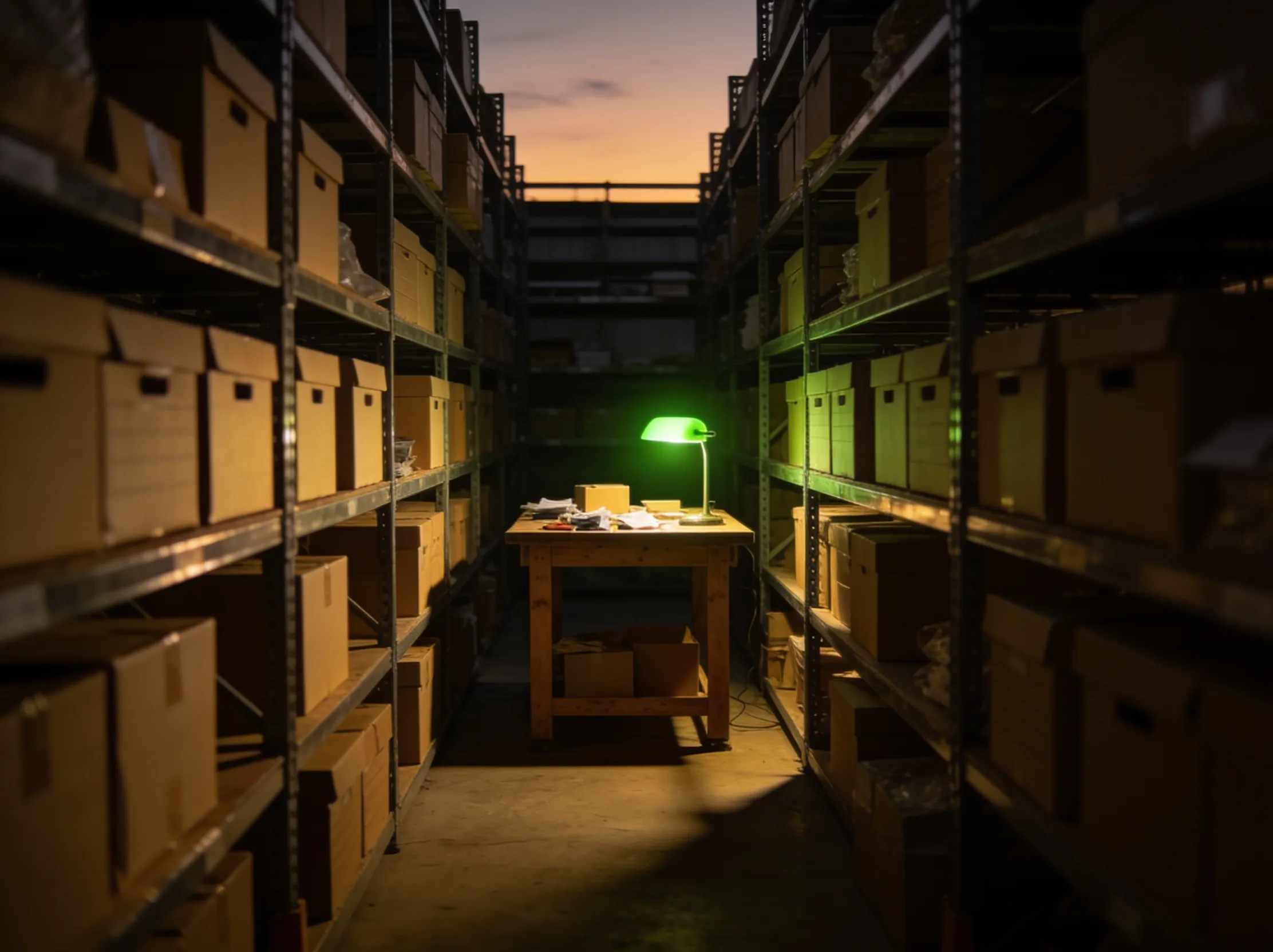 Boksees fulfilment infrastructure — a warehouse aisle of racked inventory lit at dusk