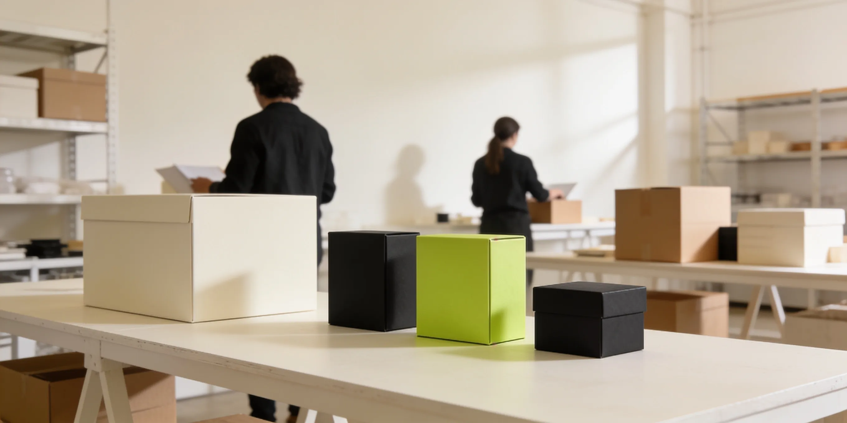 Twee Boksees-teamleden werken met productsamples en verpakking in een lichte studio