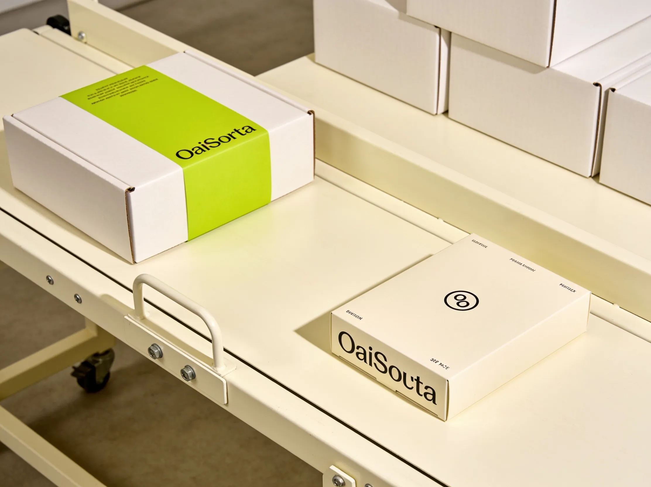 Branded custom packaging staged next to product on a fulfilment packing bench