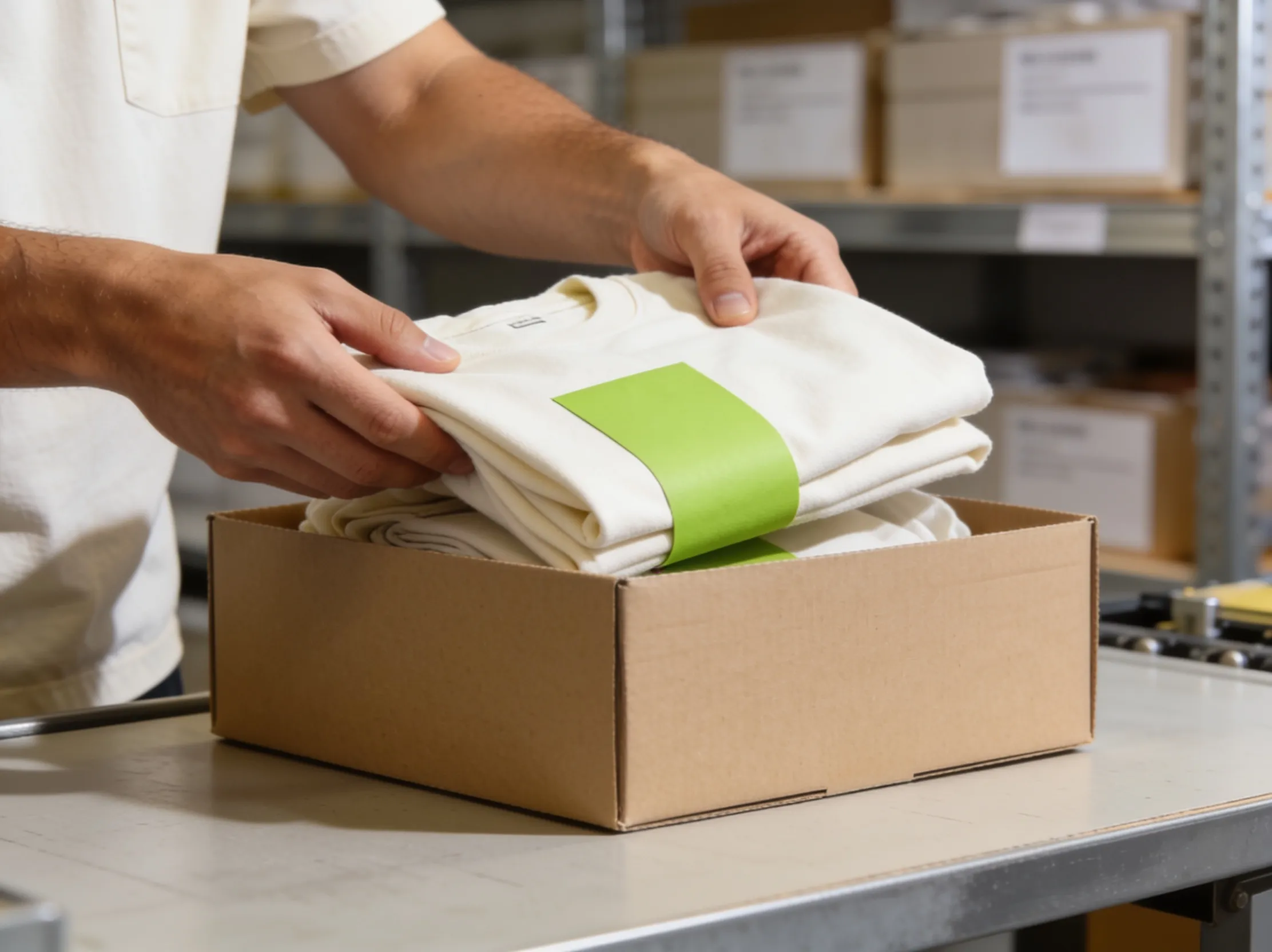 Warehouse team member picking and packing branded merchandise orders for European delivery