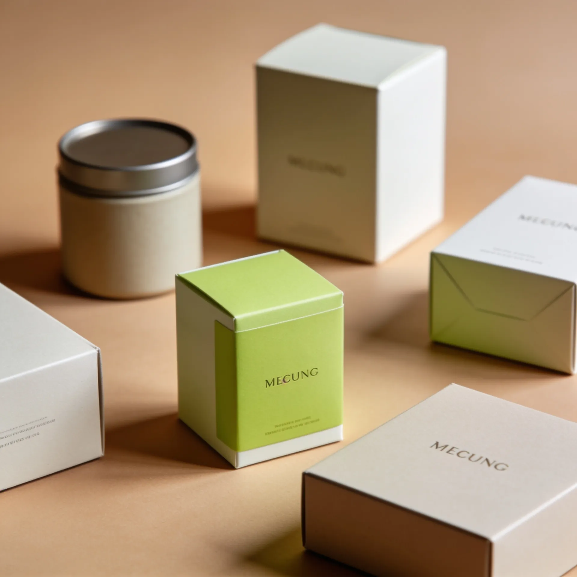 Branded product packaging still life — a cream tin, lime-green carton and printed envelopes