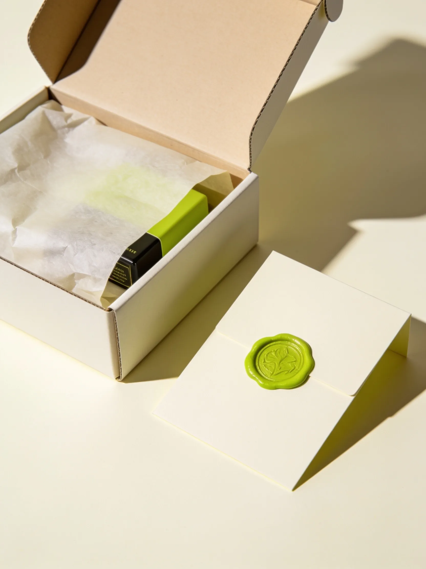 Branded unboxing experience with tissue, insert card, and seal