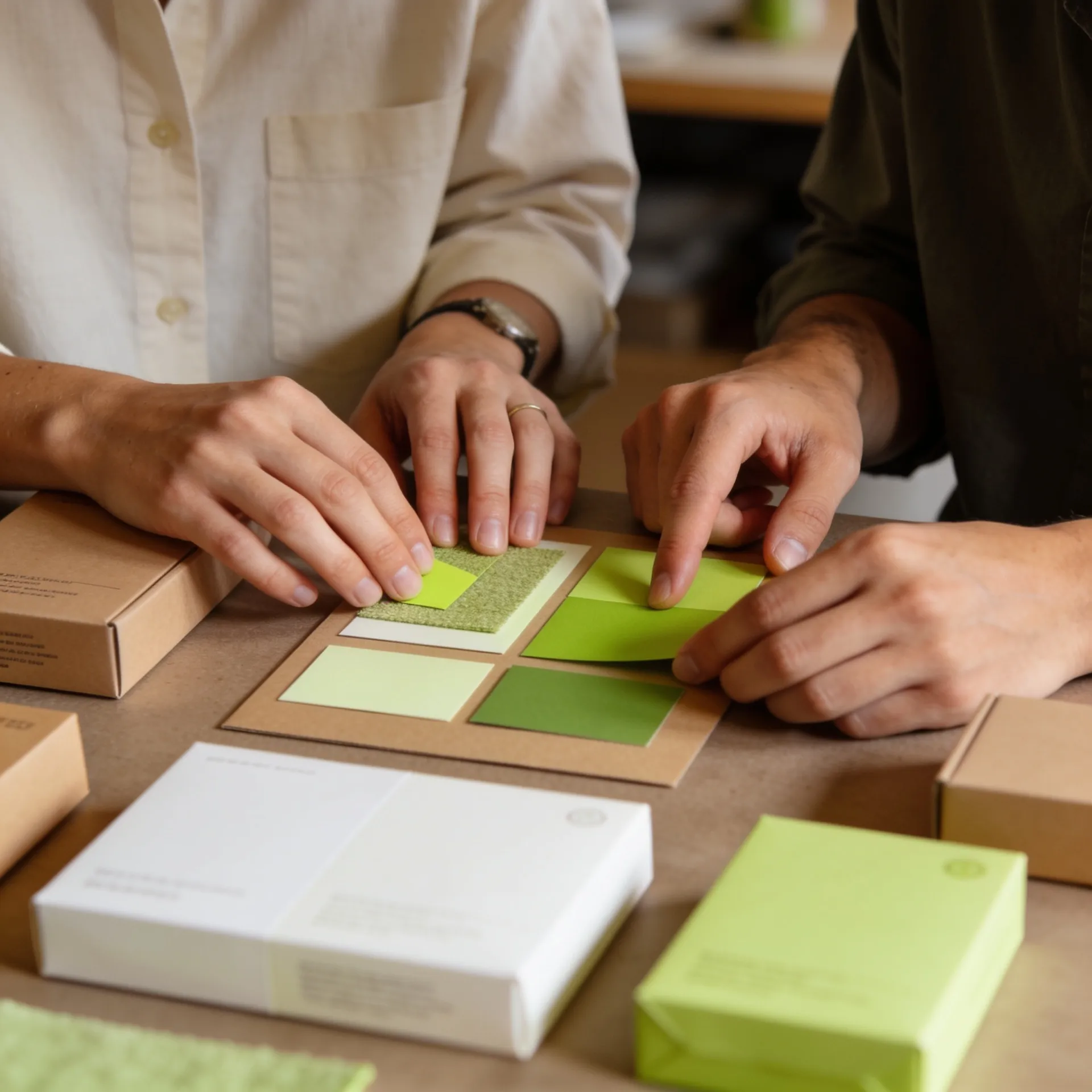 Hands comparing lime-green and cream colour swatches beside a kraft sample box