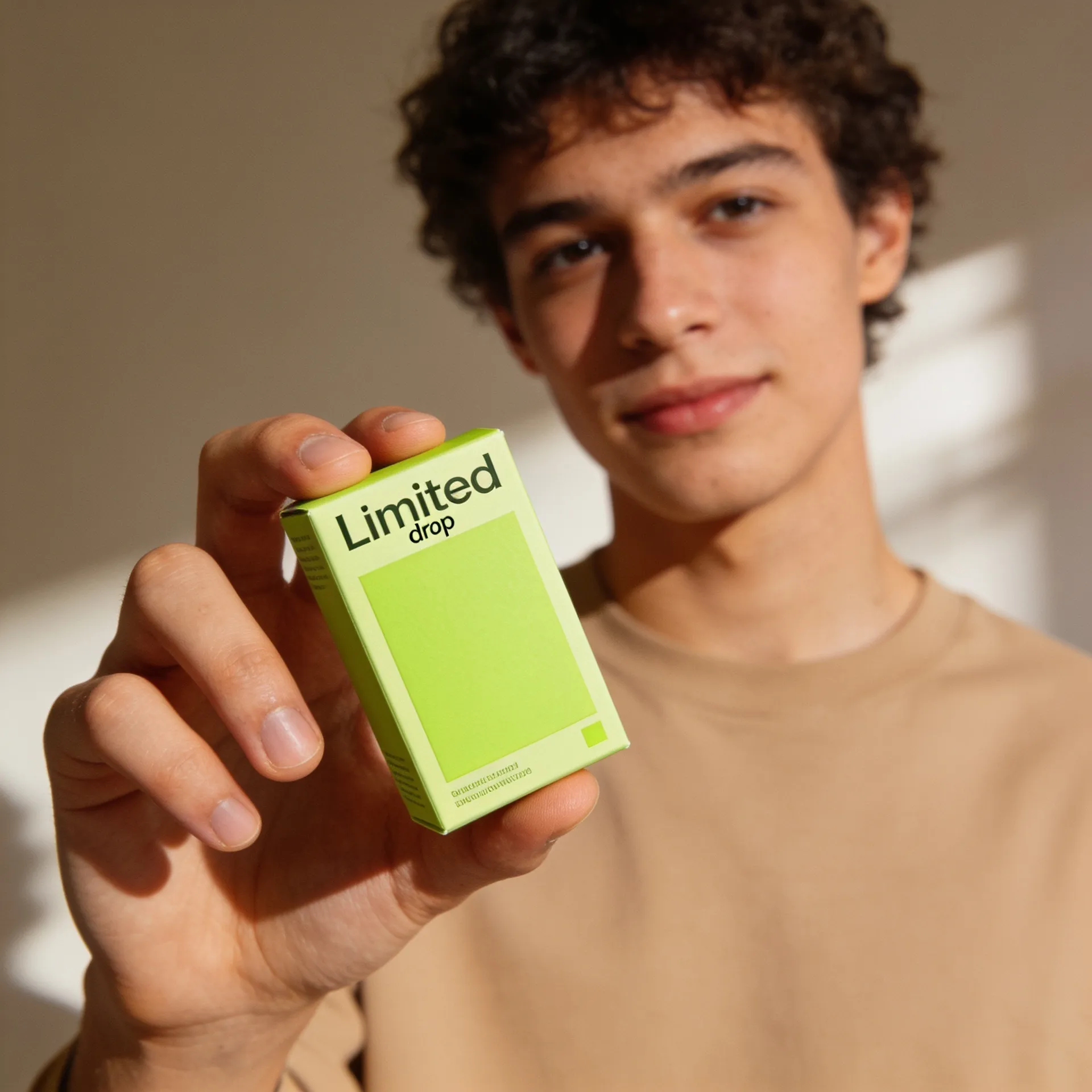 A creator holding a lime-green limited edition drop carton