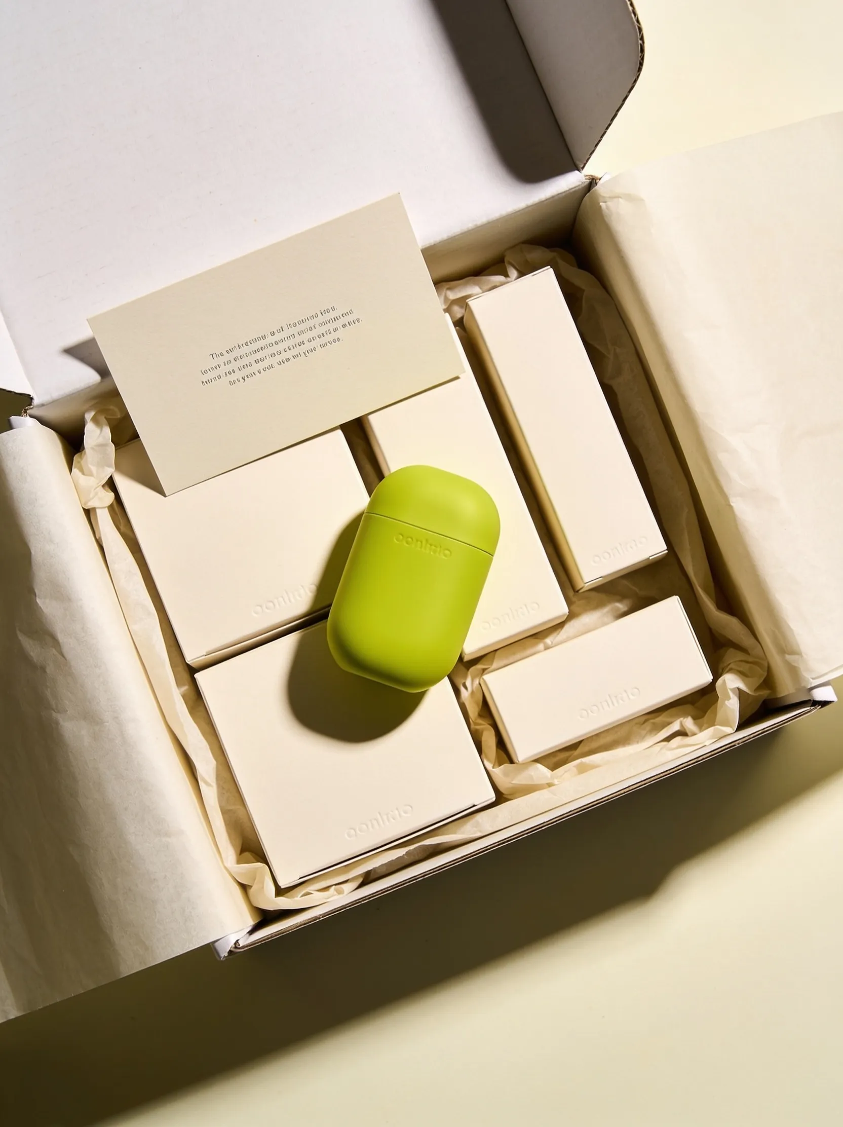 Curated subscription box with multiple products arranged with tissue and insert