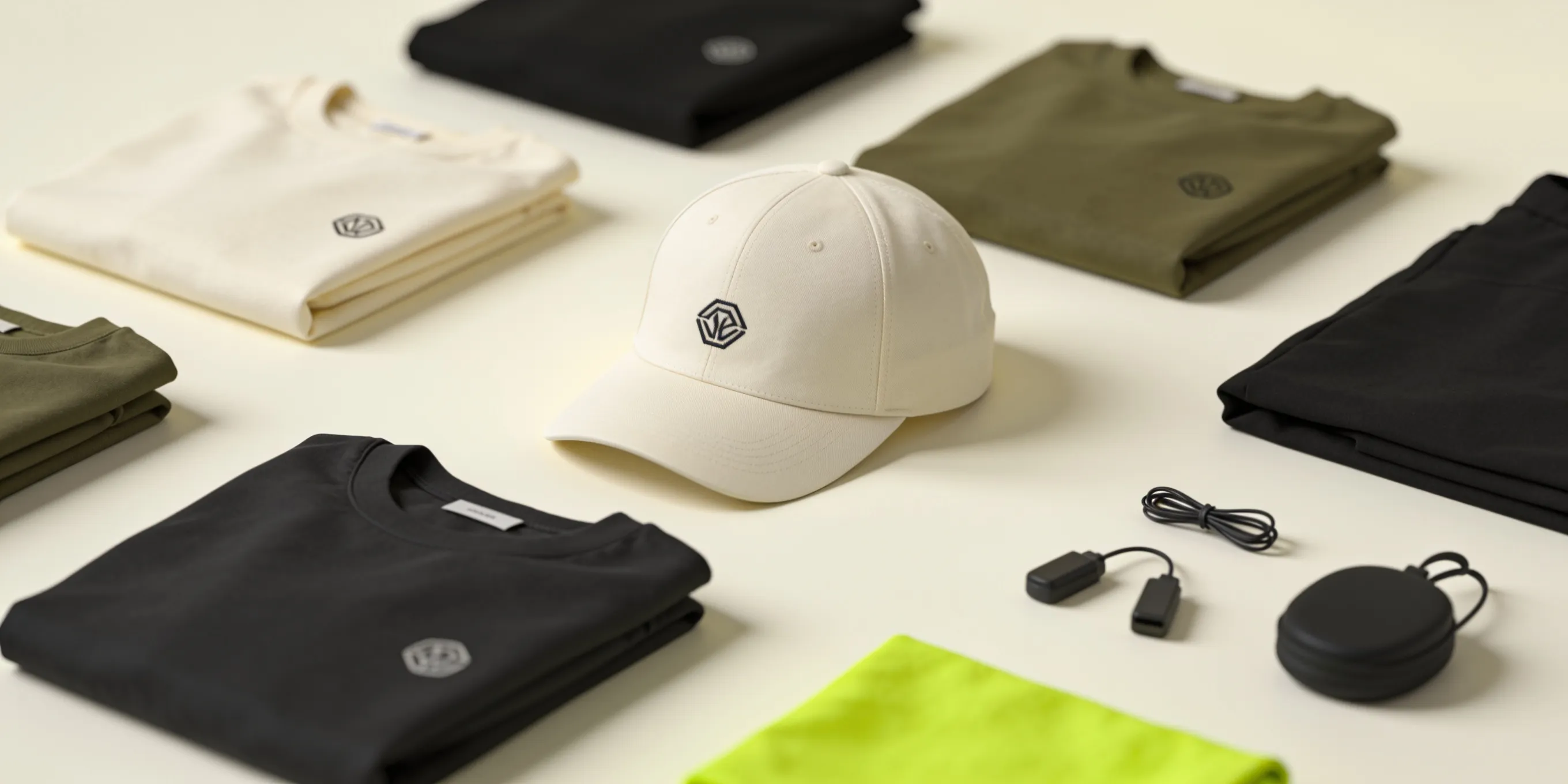 Custom merchandise program — folded branded apparel, caps, and accessories laid out on a studio table