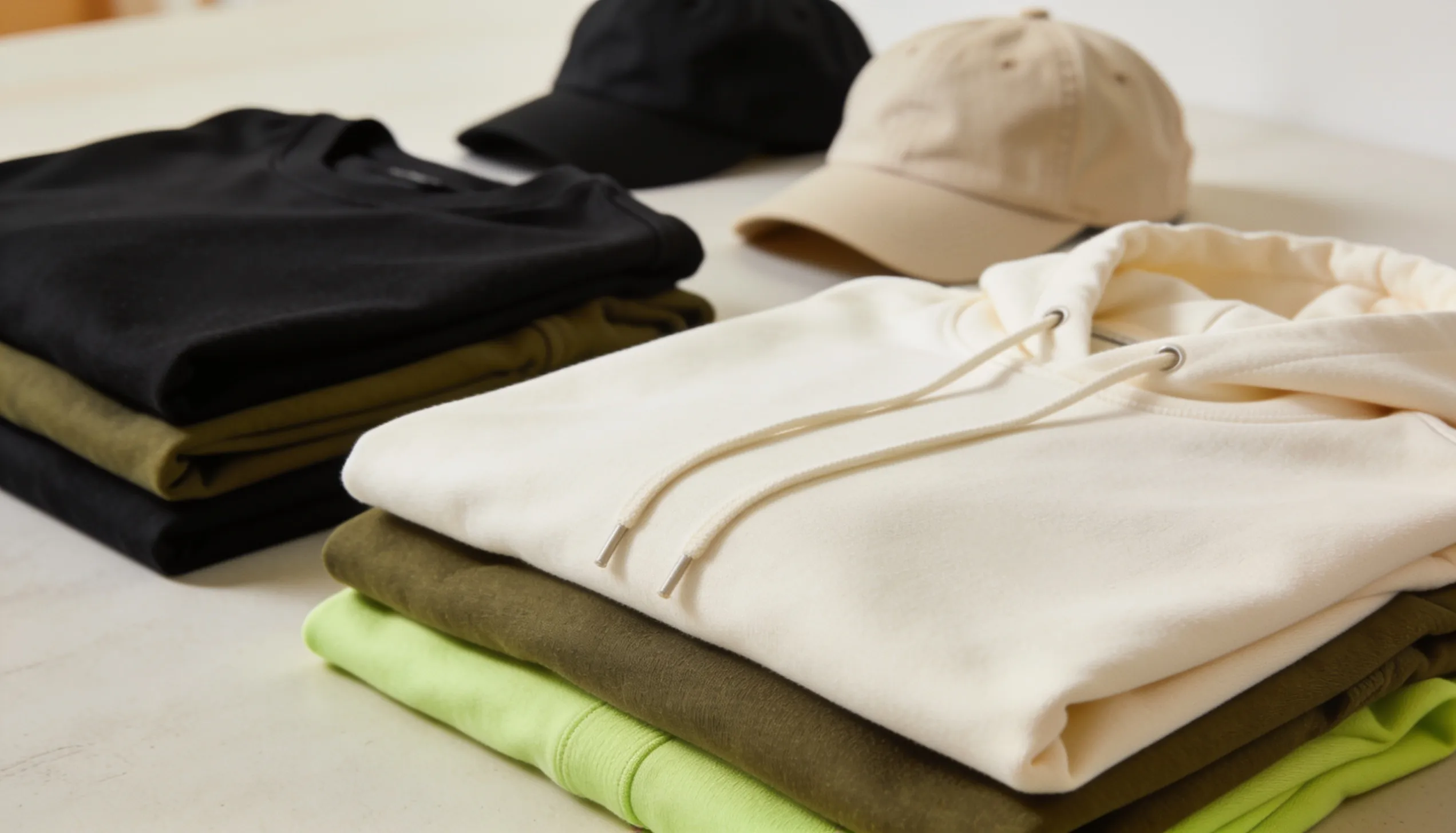 Custom branded merchandise — folded apparel and caps ready for a merchandise program