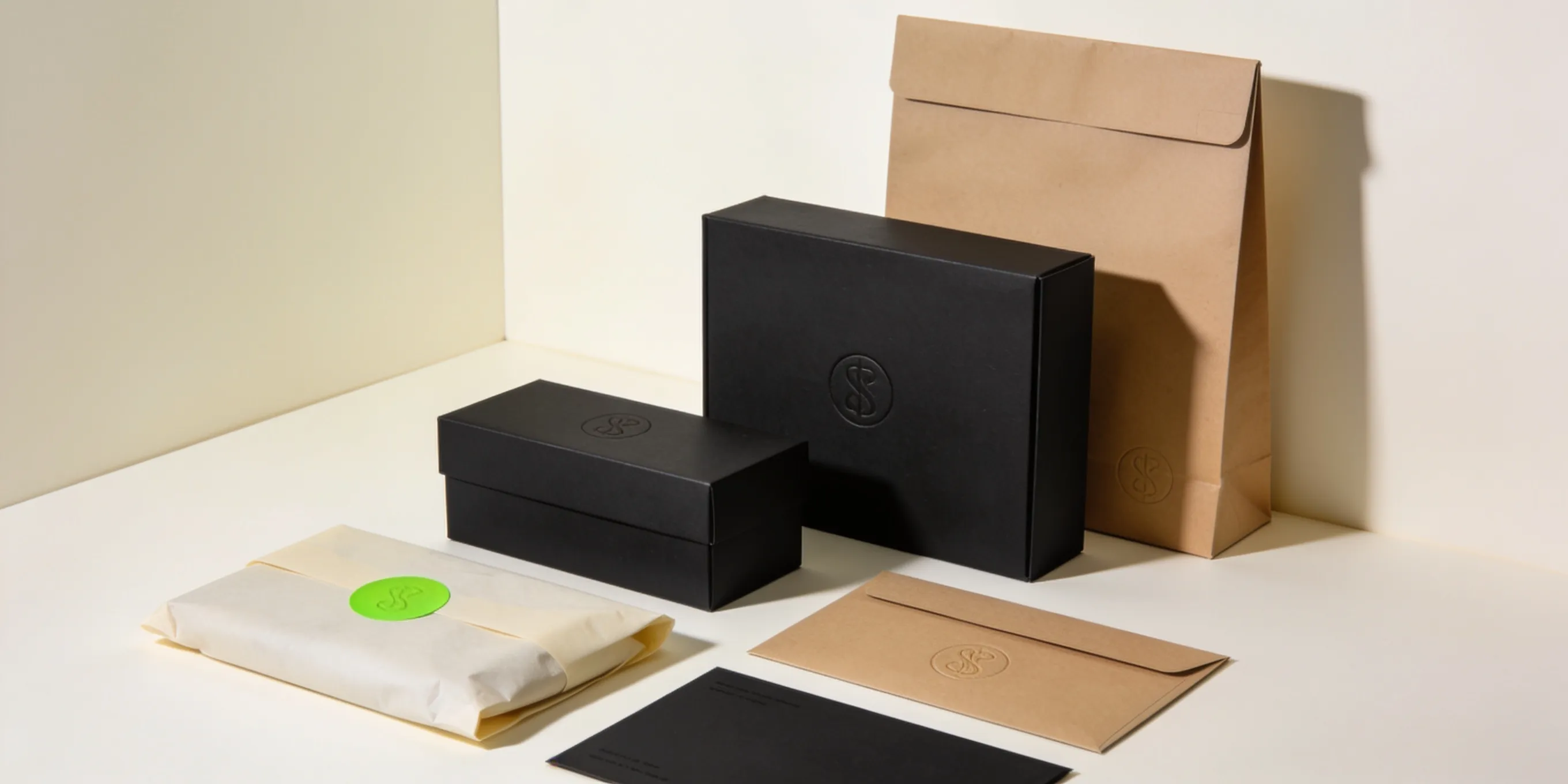 Custom packaging design — branded boxes, mailers, and tissue with printed detail on a studio table