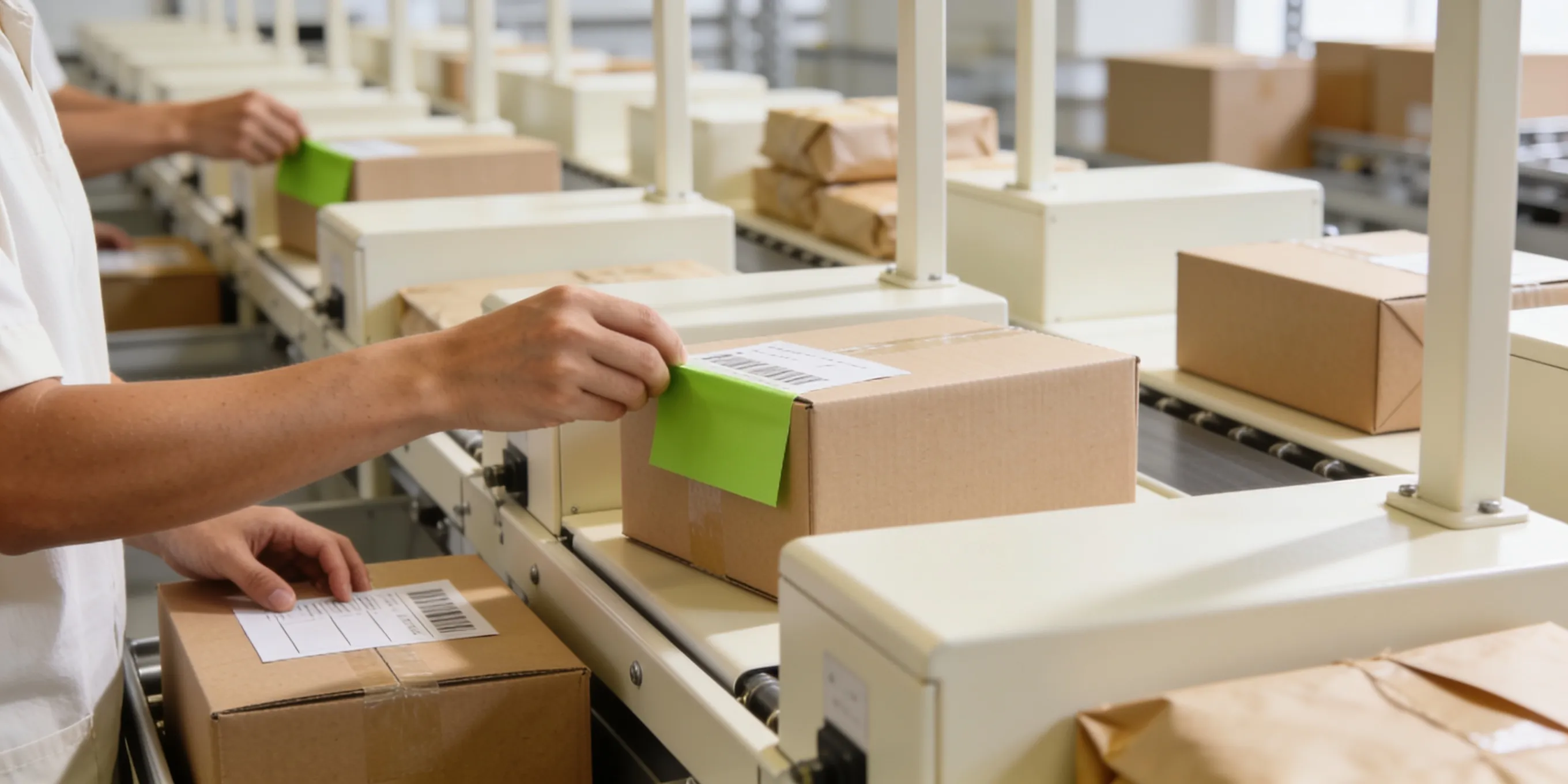 E-commerce fulfilment centre — orders being picked, packed, and labelled for European delivery