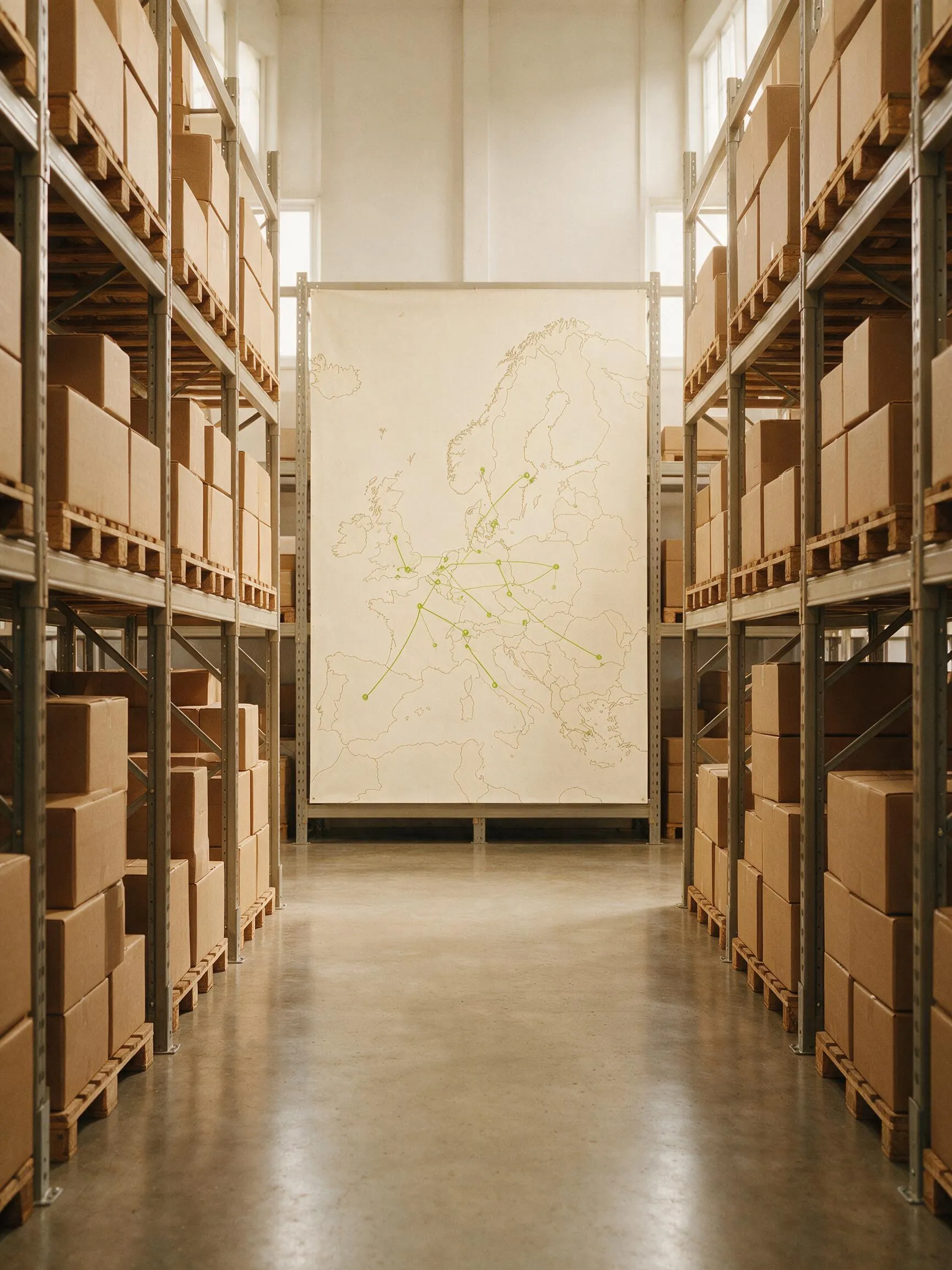 Een magazijngang met gerekte voorraad tegenover een routekaart van Europa, met voorraad dicht bij Europese klanten