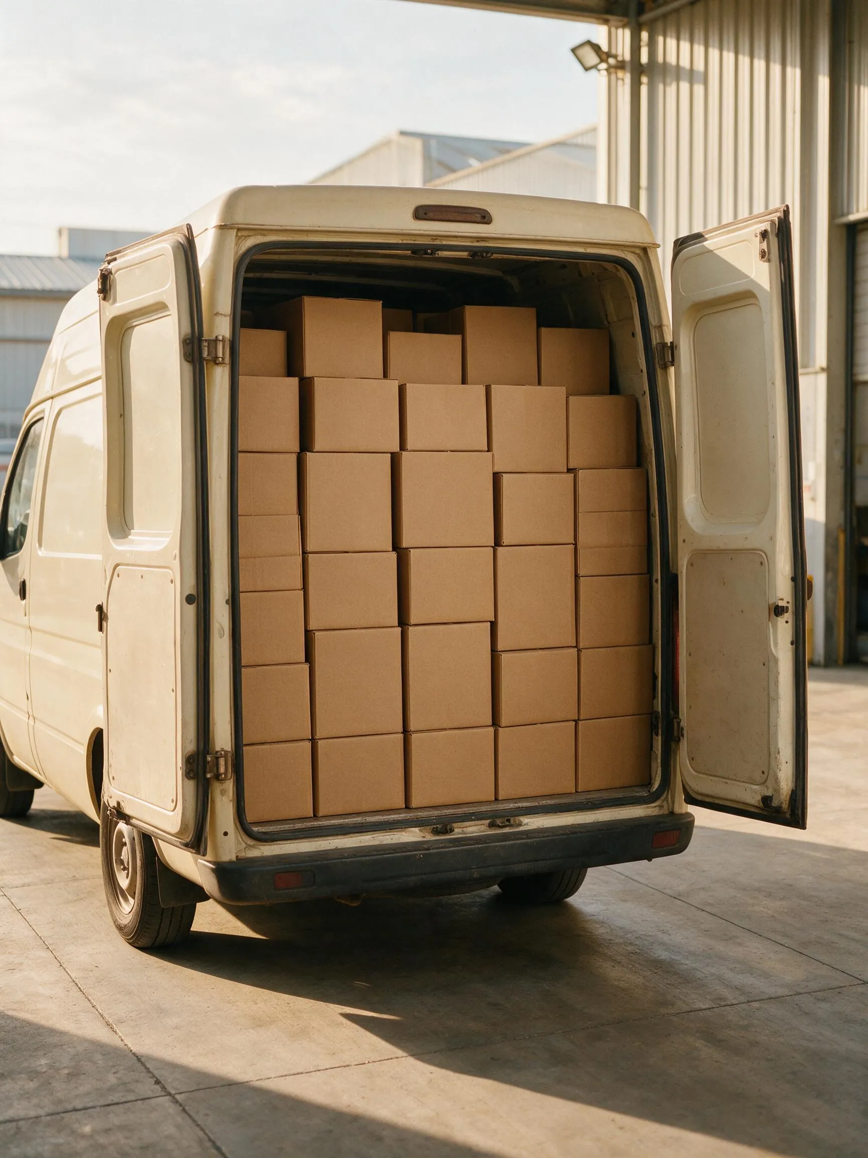 Een bestelbus tot aan het dak gevuld met kraftdozen, geladen als één gebundelde Europese zending
