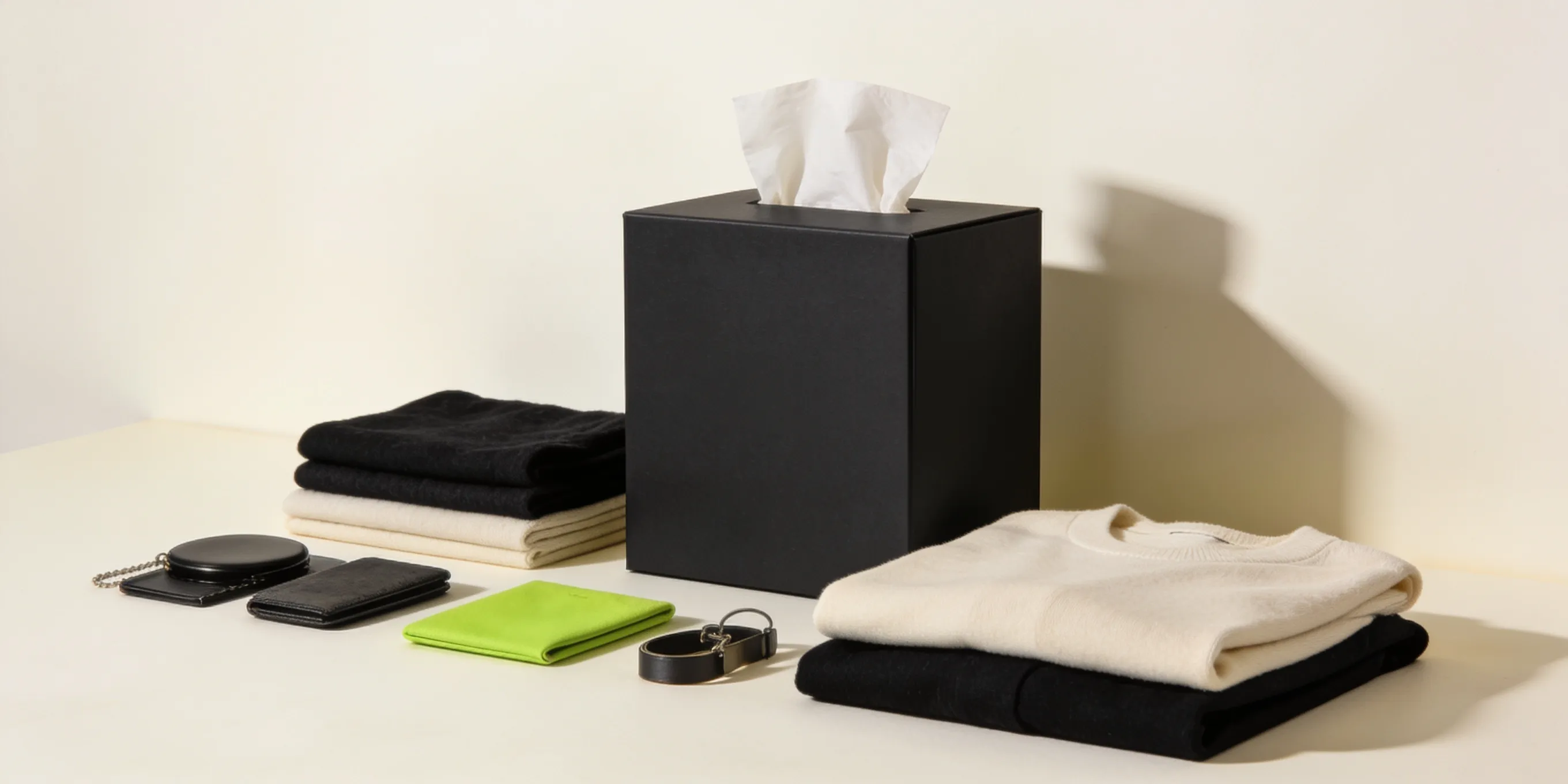Limited edition branded product drop — a curated collection of apparel and accessories with custom packaging