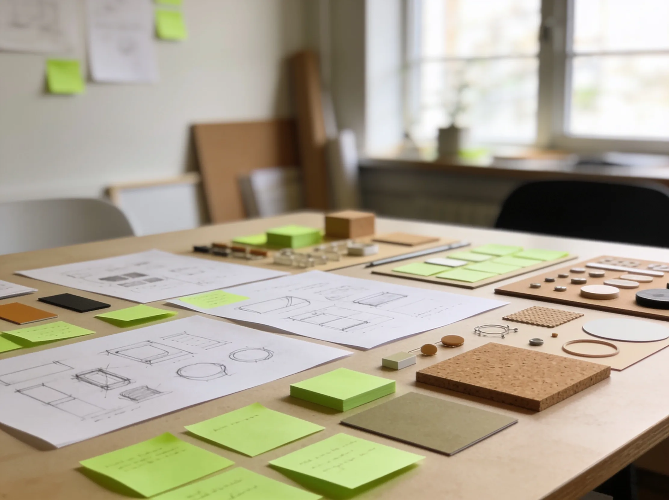 Lubies Factory — concept sketches, material samples and colour swatches on a studio workbench