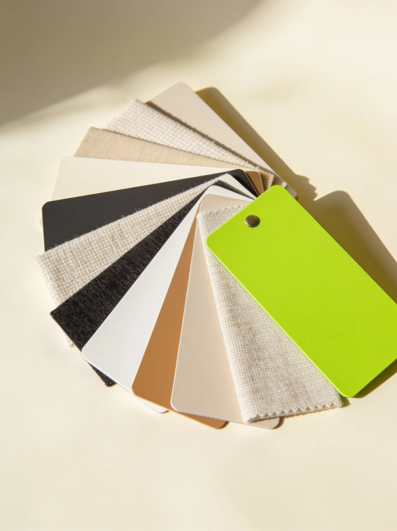 Material swatches and colour options laid out for selection