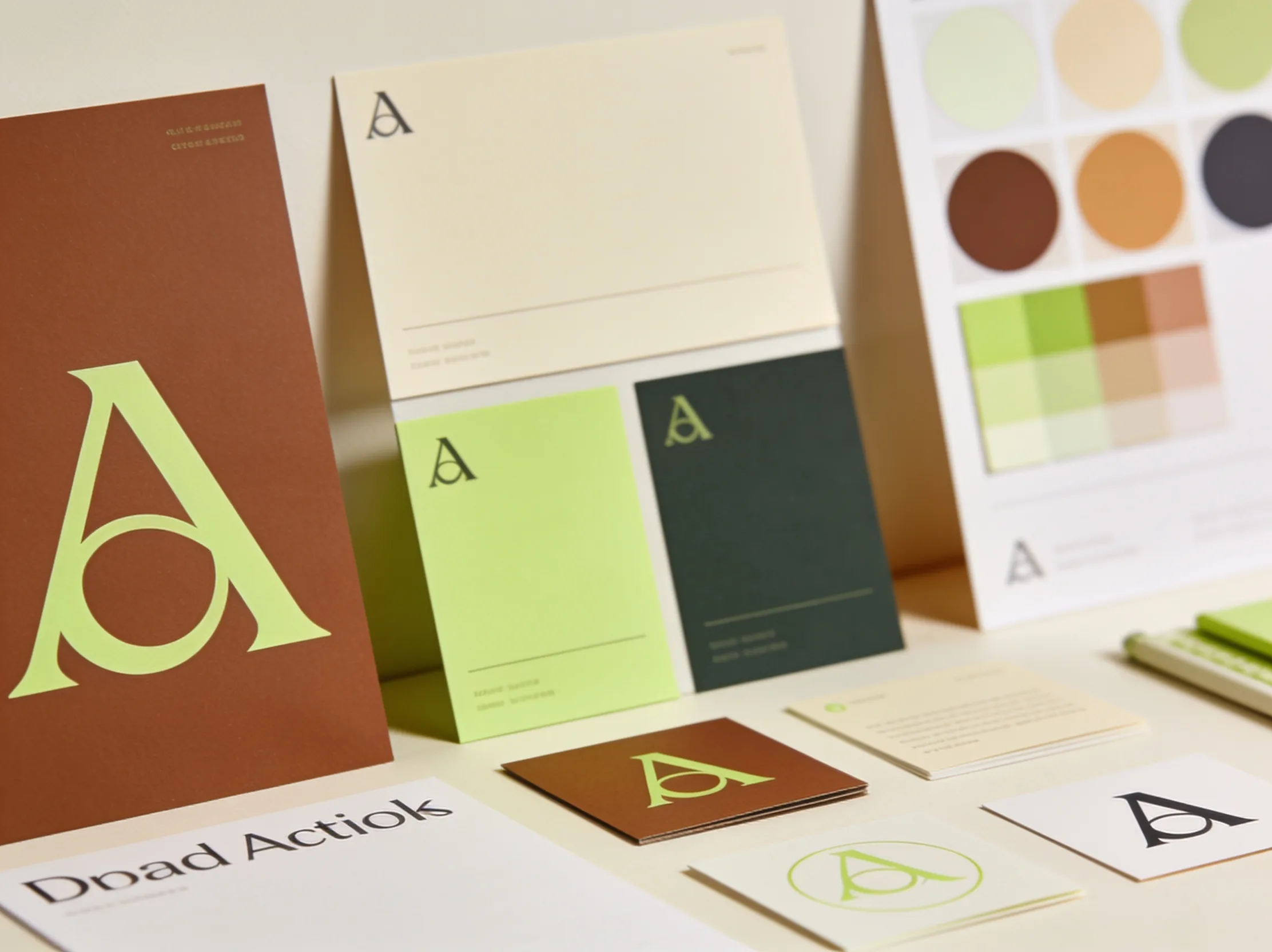 Merkidentiteitsborden met logotype, kleurenpalet en gedrukt materiaal, klaar voor beoordeling