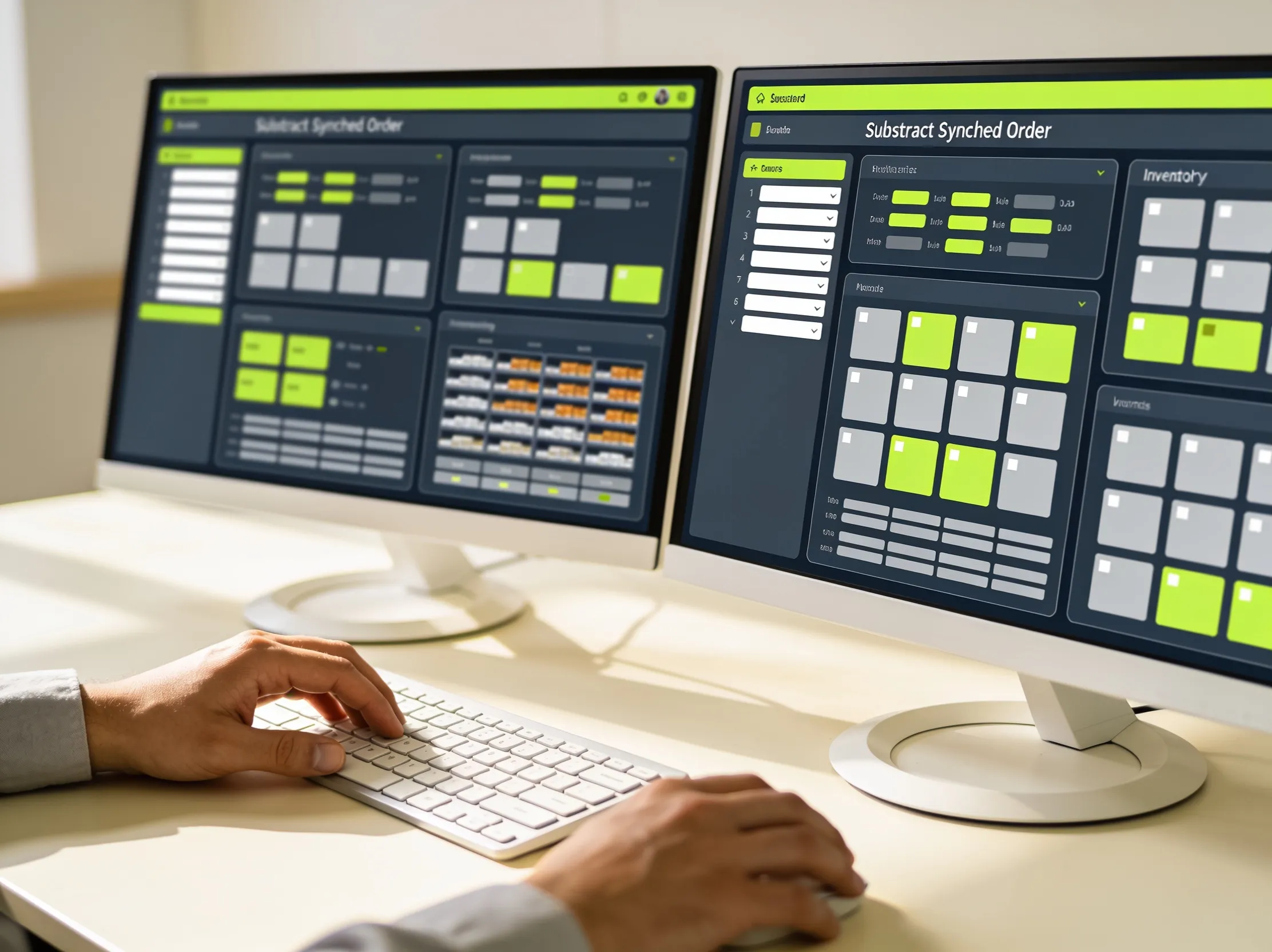 Operator monitoring synced order and inventory dashboards connecting store and warehouse