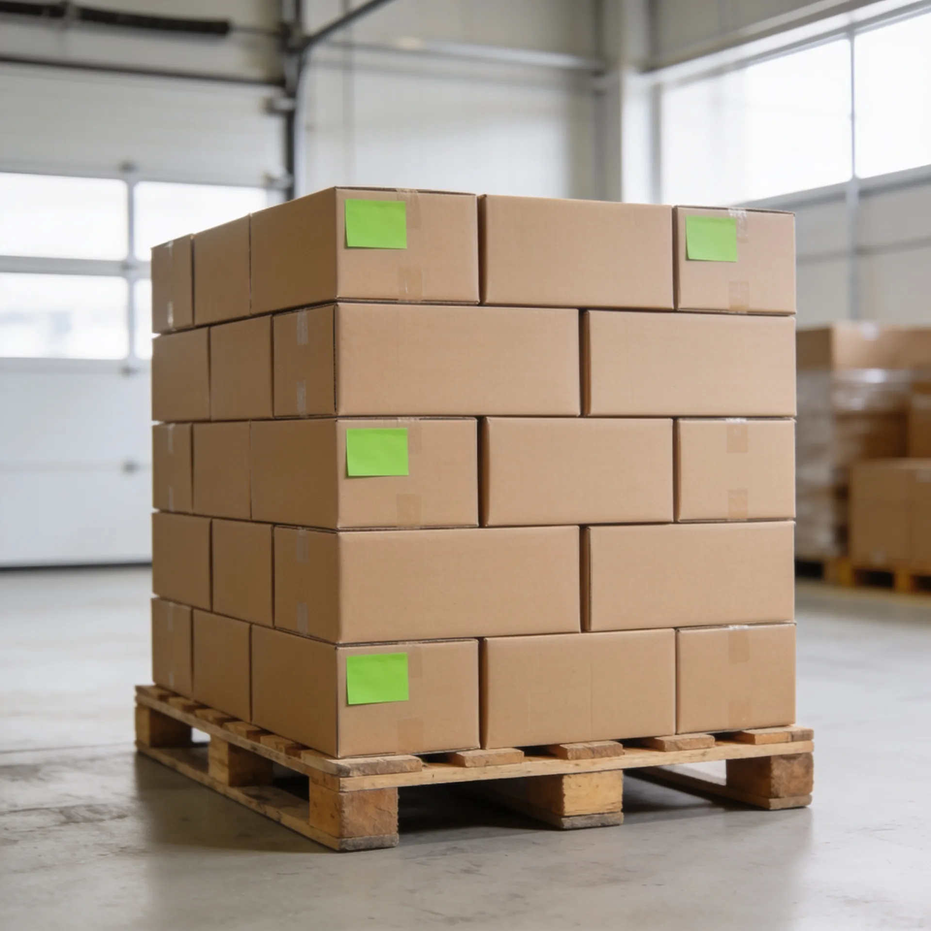A pallet of labelled kraft cartons stacked and ready for dispatch in a bright warehouse