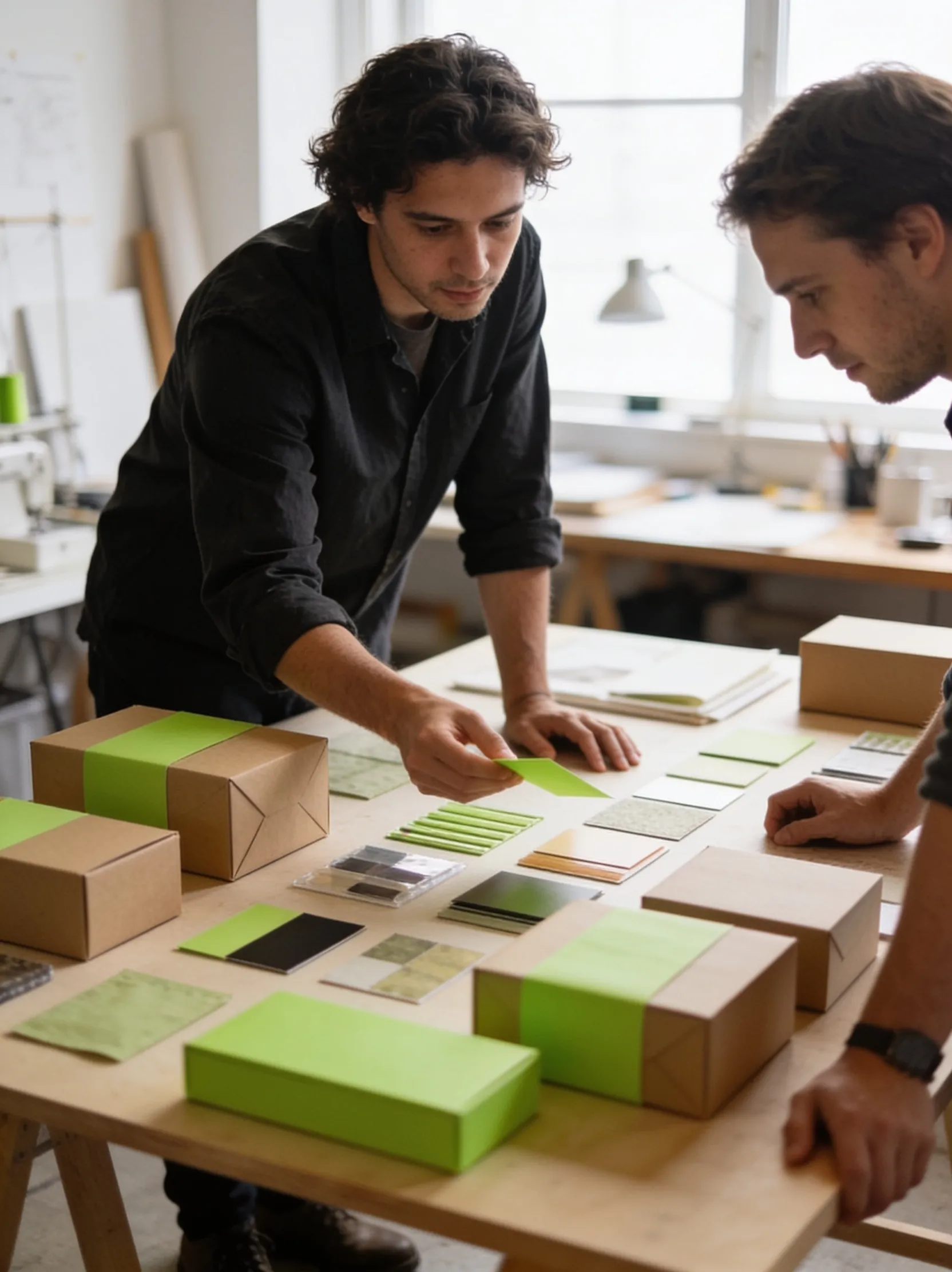 Two team members reviewing colour swatches and packaging samples across a studio table