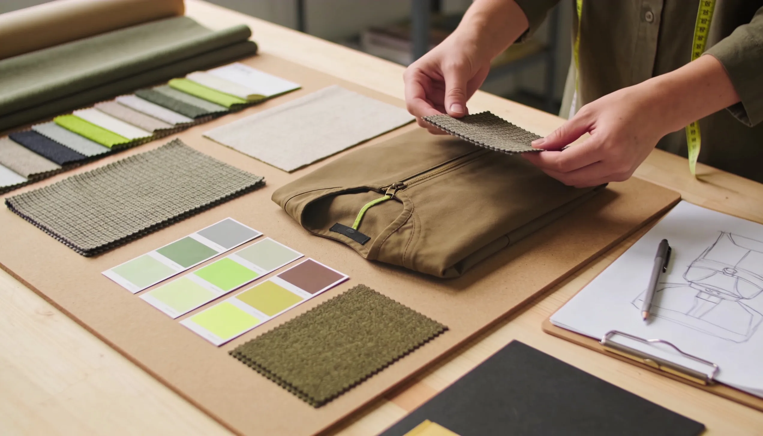 Product development — samples, prototypes and material swatches on a workbench