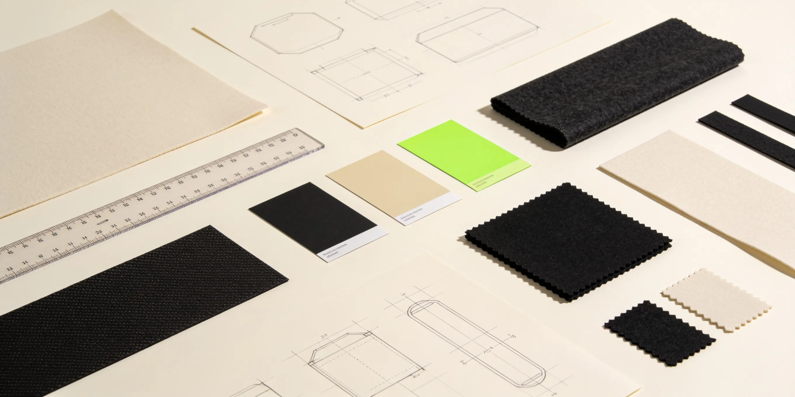 Product development studio — prototypes, material swatches, and technical sketches on a workbench