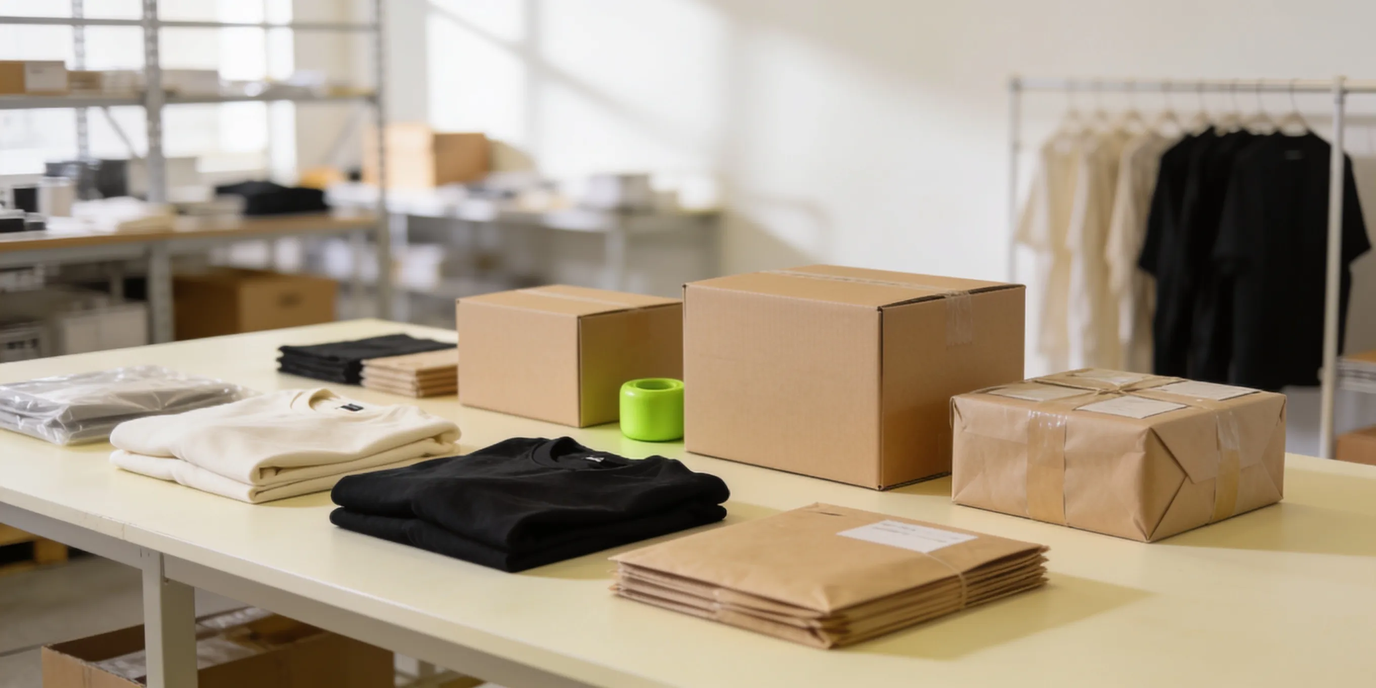 Boksees-operatie — productontwikkeling, branded merchandise en verpakte orders in studio en magazijn