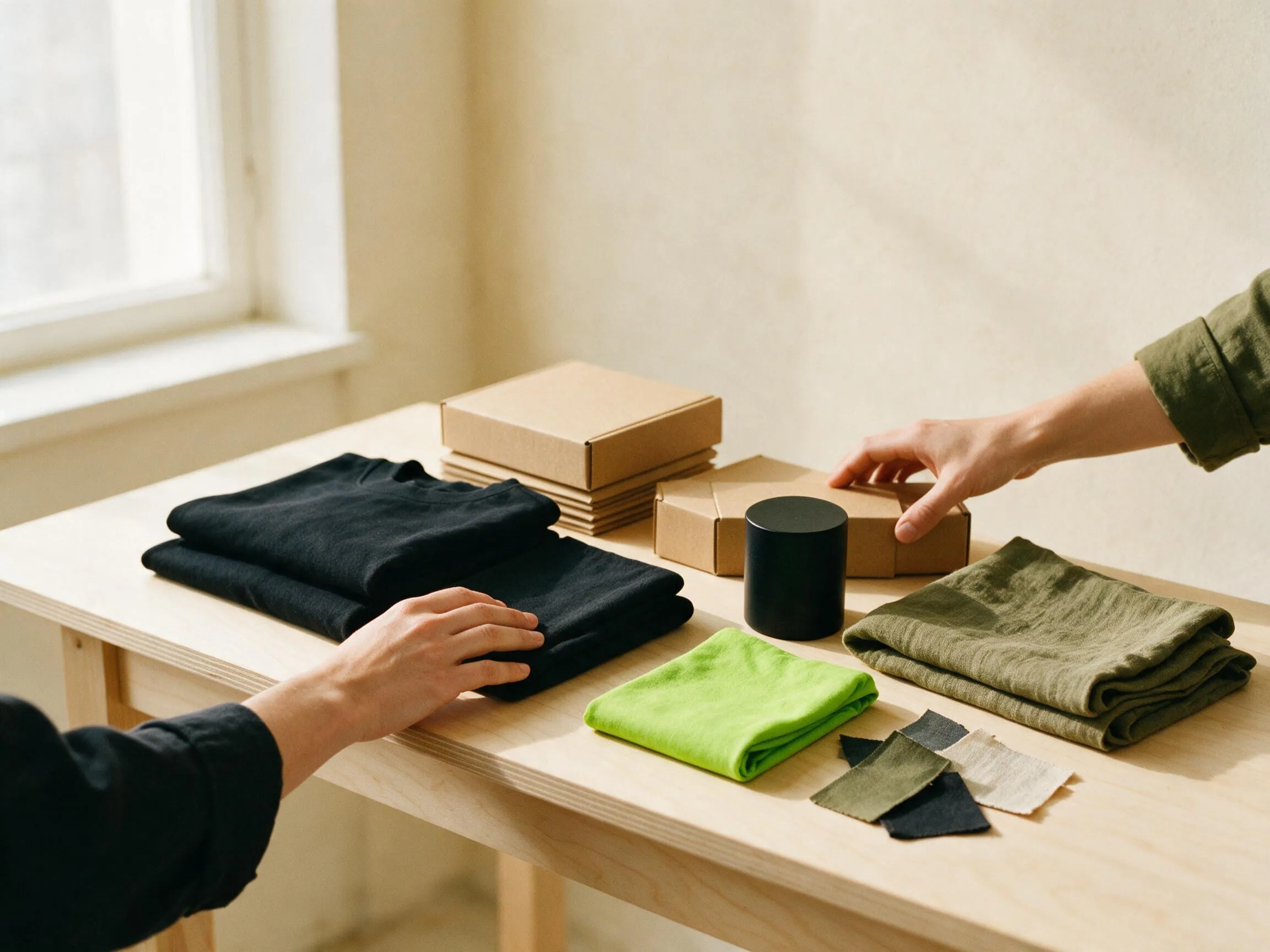 Product team arranging folded black apparel, kraft mailer boxes and a lime-green tee on a studio worktable