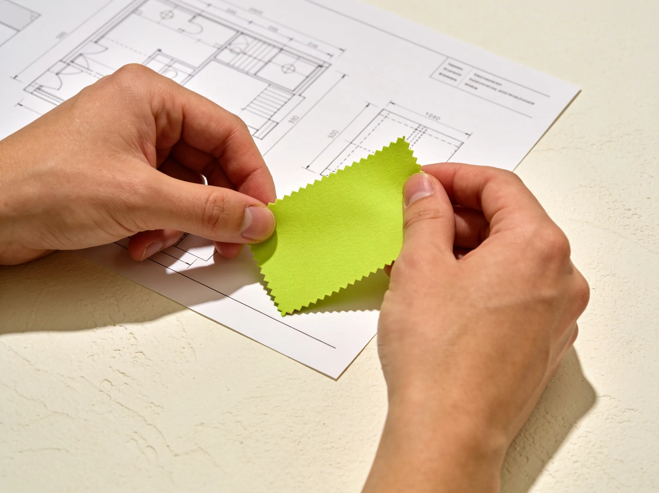 Developer inspecting a production sample against a technical drawing for quality control