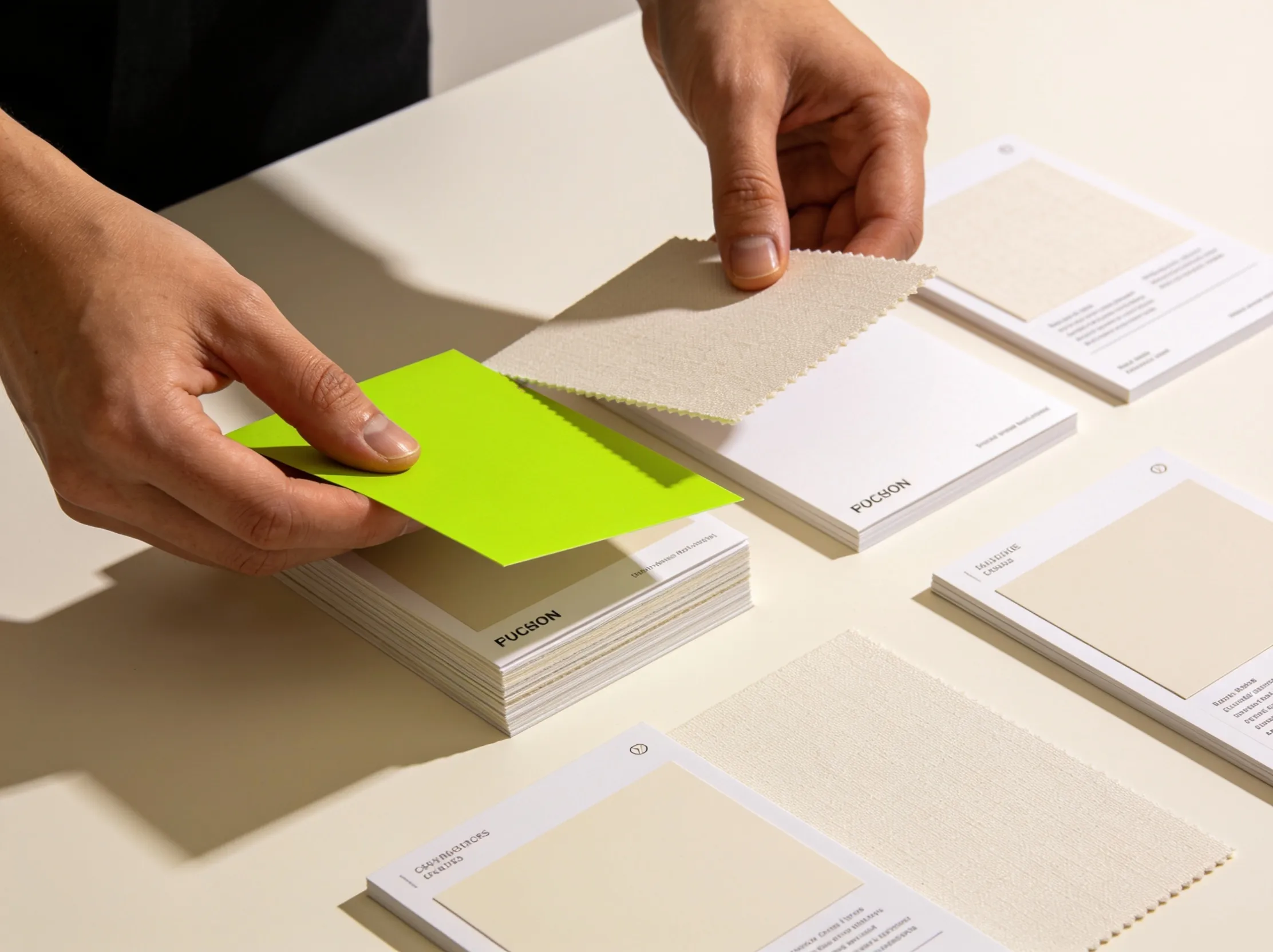 Sourcing manager reviewing supplier options and samples at a workbench