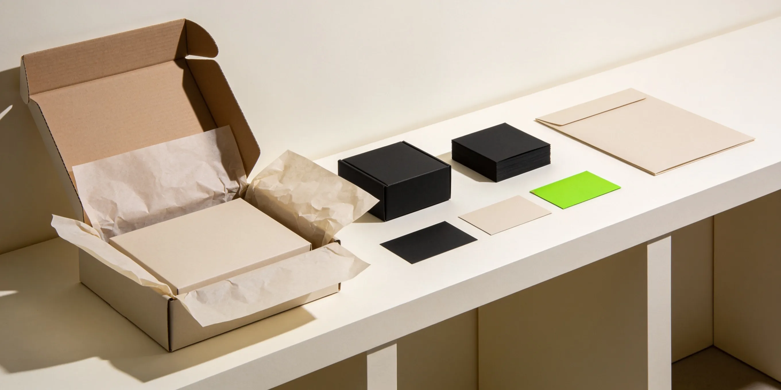 Subscription box assembly — curated products, tissue, and insert cards laid out on a packing bench