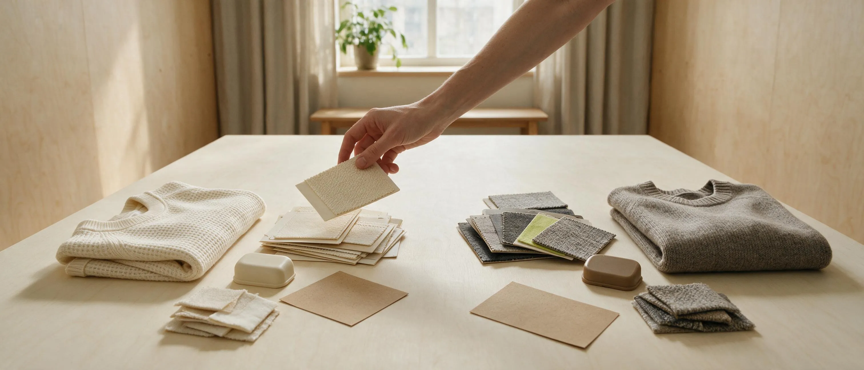 Samples van twee leveranciers naast elkaar op tafel, terwijl één materiaalkaart wordt opgepakt om te vergelijken