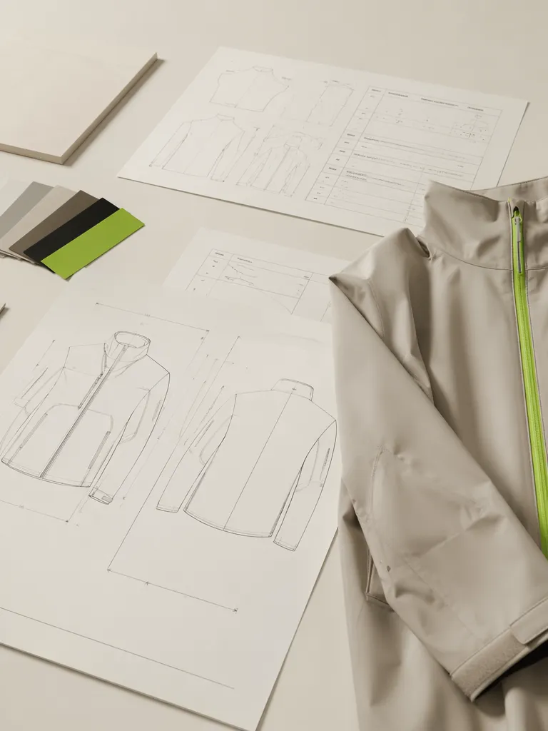 Technical drawings and tech pack documents beside a finished sample