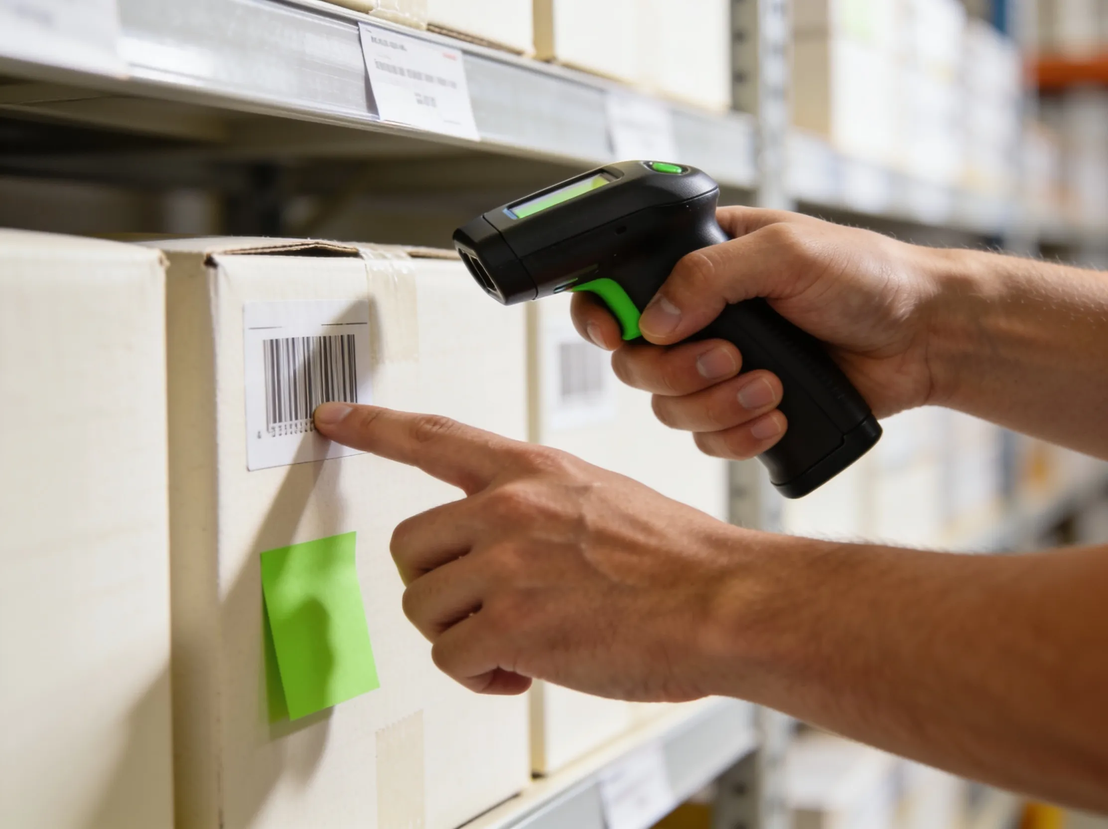 Warehouse operator scanning stock and checking inventory levels on a handheld device